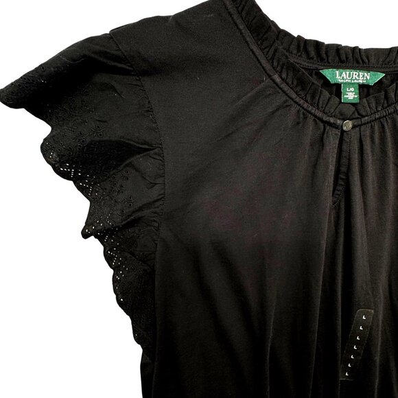 Lauren Ralph Lauren Womens L Eyelet Ruffle Short Sleeve Top Black Cotton Capsule - Picture 3 of 10